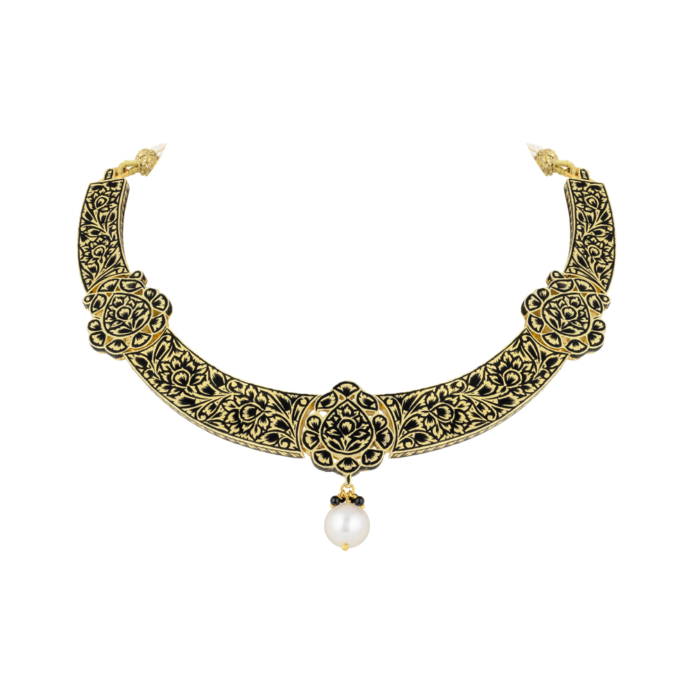Black Enamel Hasli Necklace with Polki & Gold Floral Motifs